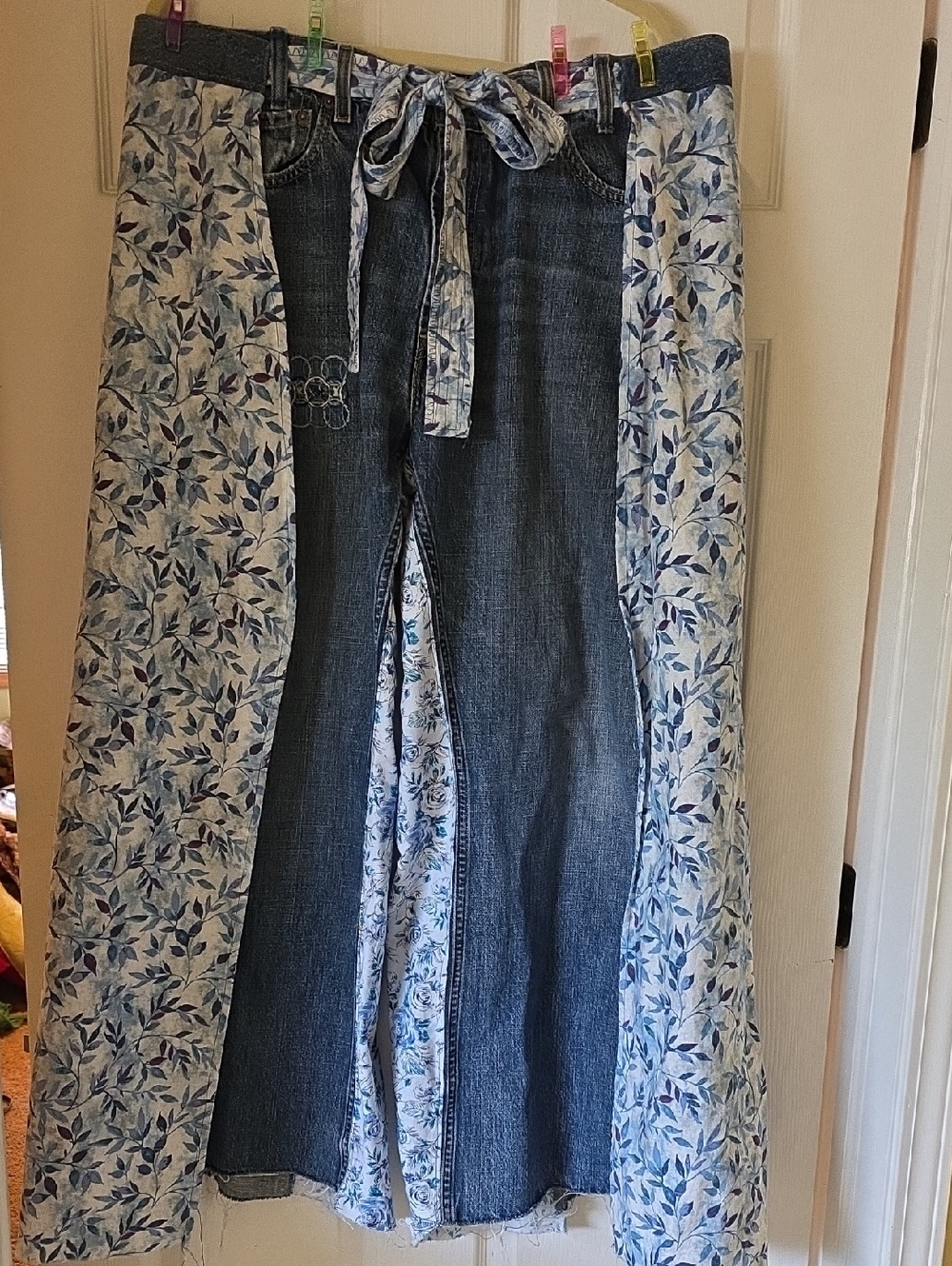 HAND CRAFTED Wrap Jeans UPCYCLED Blue Denim Tie Front Floral Flowers Size XL